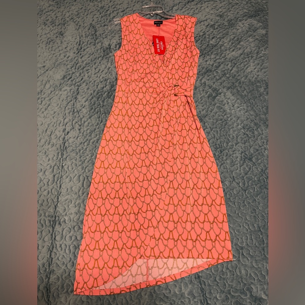 NWT Women’s Dress Sz XS Cut To Curve Stretch Coral Ropes Asymmetrical Hemline